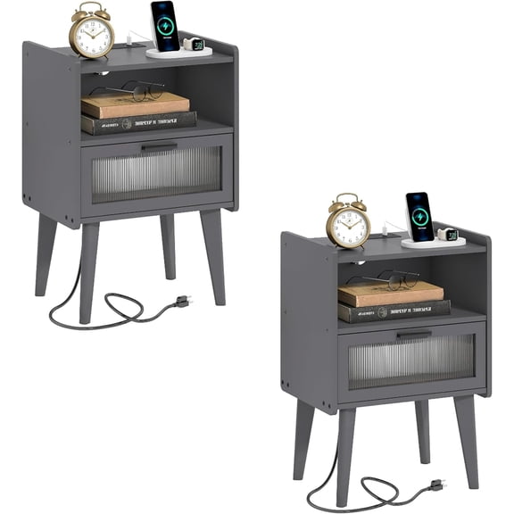 Nightstand with Charging Station, Bedside Tables Set of 2, End Table Side Table with 2 Tiers Storage Space, for Bedroom, Living Room, Grey MLBZ07ZEV-2