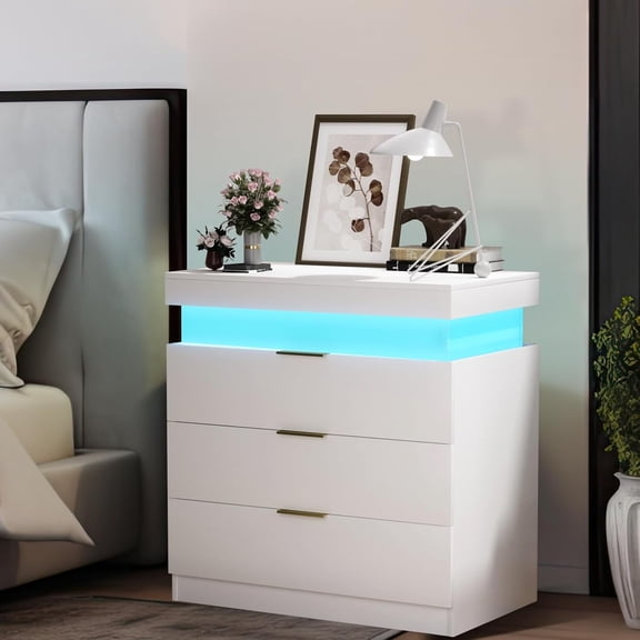 Nightstand with Charging Station, Black 30.5" Tall Bedside Table with RGB Lights, Sliding Top & 3 Drawers, USB/USB-C & AC Outlets, Modern Sofa Side/End Table for Bedroom