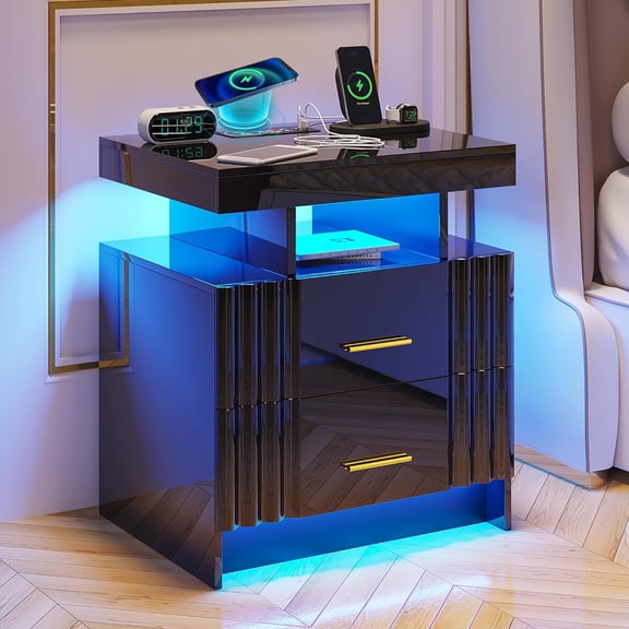 Nightstand with Charging Station, Black LED Night Stand with 2 Drawers, High Gloss Bedside Table with Auto Sensor 24-Color Lights/Wireless/Type-C/USB Charging for Bedroom