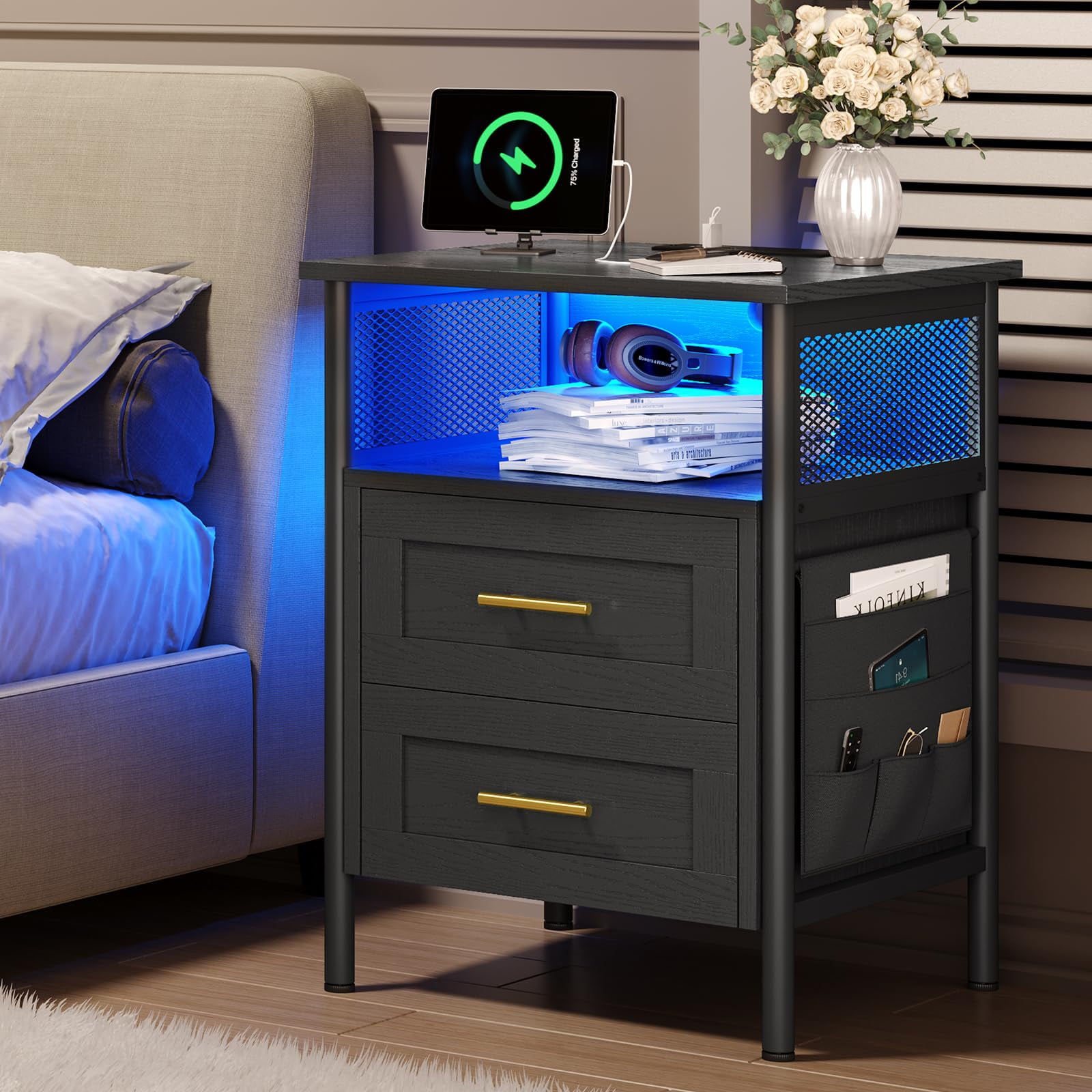 Nightstand with Charging Station, Black Night Stand with Drawers and