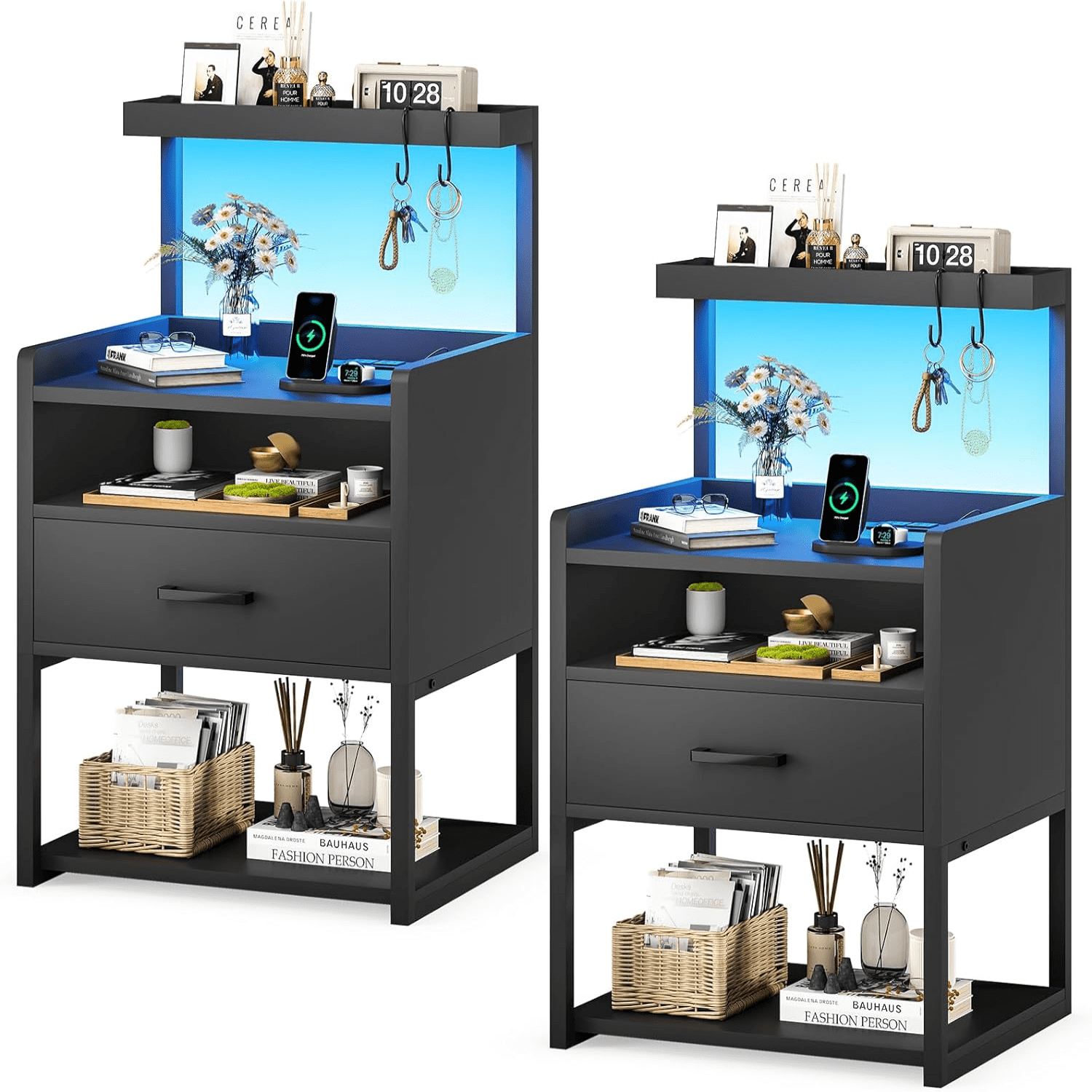 Nightstand with Charging Station Black Night Stands for Bedroom Bedside