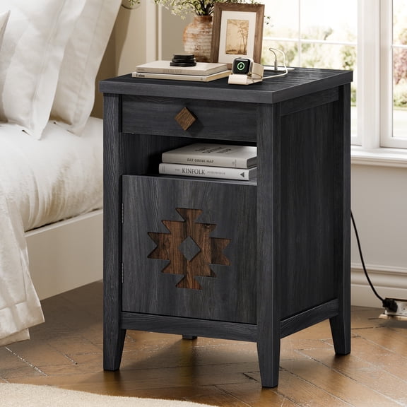 Einhomn 24"H Farmhouse Nightstand with Charging Station, Drawer & Shelf, Wood Bedside Table Night Stand for Bedroom Living Room