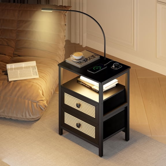 Nightstand with Charging Station, End Side Table with 2 Fabric Drawers and Open Shelf, Smart Bedside Table with Reading Light/LED Light/Human Sensor for Bedroom, Living Room, Black