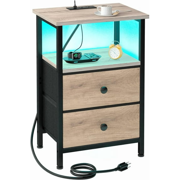 Nightstand with Charging Station, End Table with 2 Fabric Drawers, LED Night Stand for Bedroom, Small Bed Side Table with USB Ports and Outlets for Living Room, Grey, HETS02GY-1