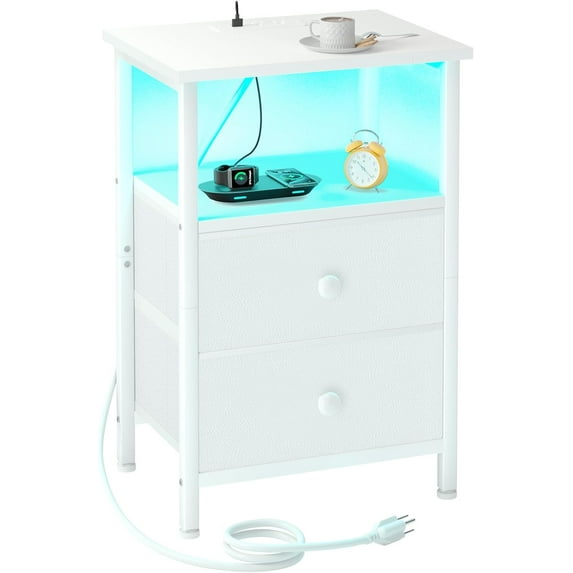 Nightstand with Charging Station, End Table with 2 Fabric Drawers, LED Night Stand for Bedroom, Small Bed Side Table with USB Ports and Outlets for Living Room, White, HETS02WT-1
