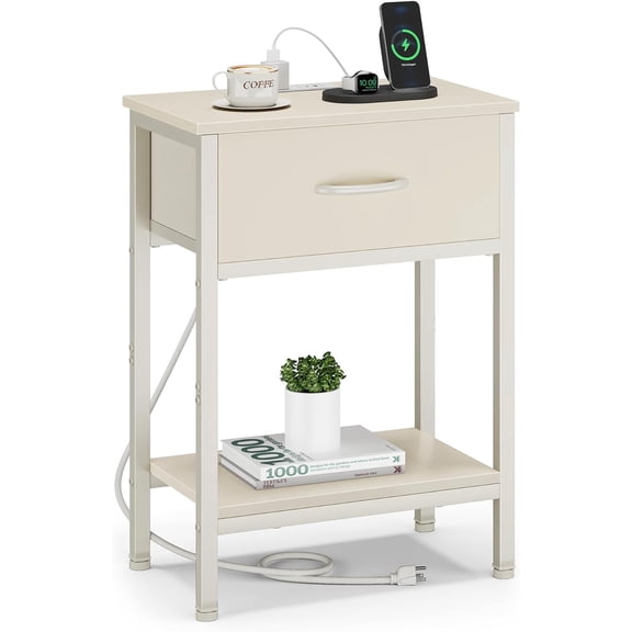 Nightstand with Charging Station, End Table with Fabric Drawer, Small Side Table with 2-Tier Storage Shelves, 25.4" Tall Night Stand, Bedside Table for Bedroom, Living Room, Dorm, Beige