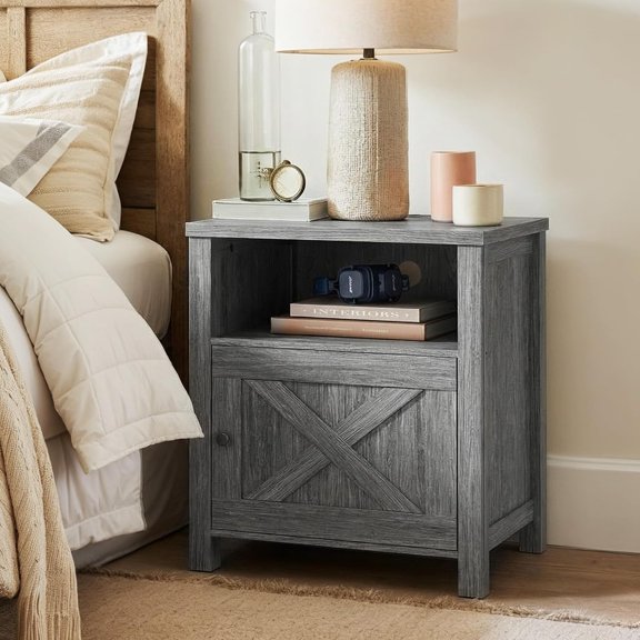 Nightstand with Charging Station, Farmhouse Bedside Table with Open Shelf, Enclosed Cabinet, USB Port & AC Outlet, Wood Side Table with Storage for Bedroom, Gray