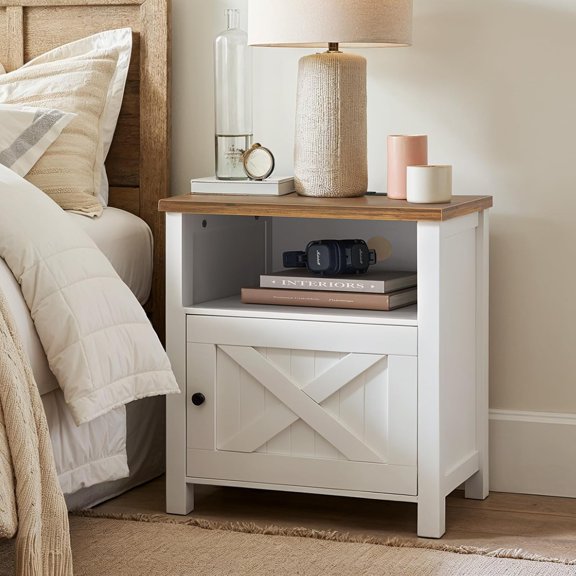 Nightstand with Charging Station, Farmhouse Bedside Table with Open Shelf, Enclosed Cabinet, USB Port & AC Outlet, Wood Side Table with Storage for Bedroom, White and Brown