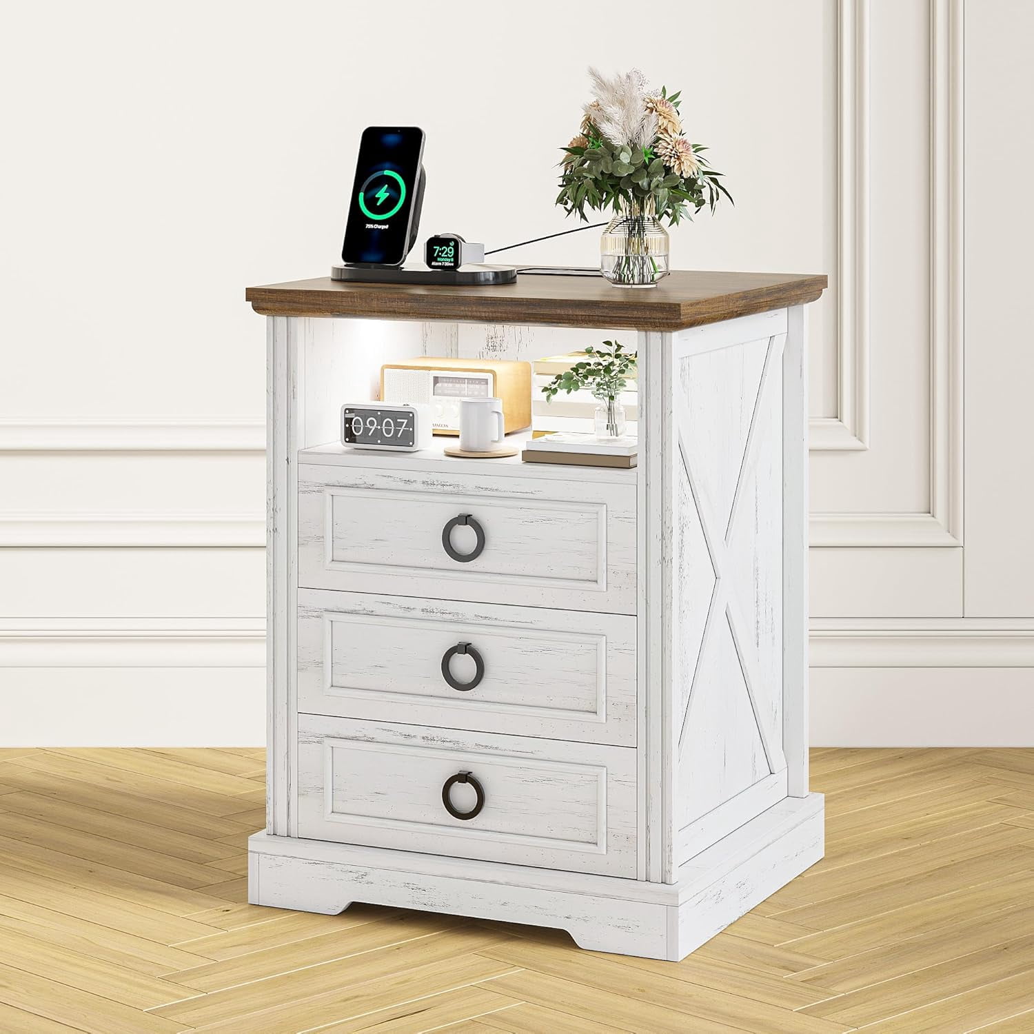 Nightstand with Charging Station,Farmhouse End Side Table with 3 ...