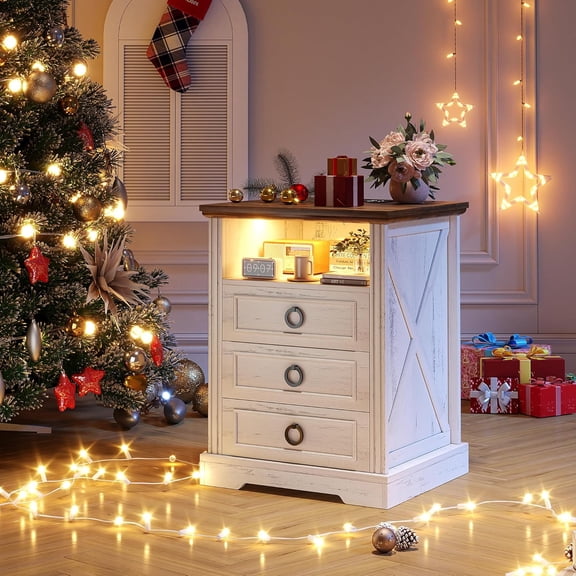 Nightstand with Charging Station,Farmhouse End Side Table with 3 Drawers and Open Storage,Smart Bedside Table with LED Light & Human Sensor for Bedroom,White