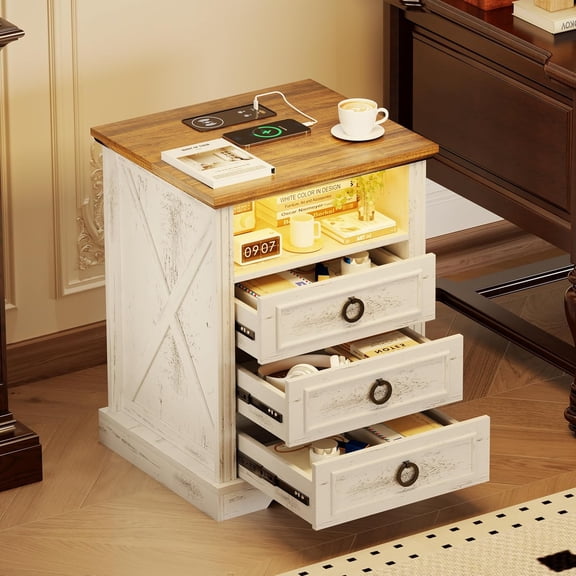 Nightstand with Charging Station,Farmhouse End Side Table with 3 Drawers and Open Storage,Smart Bedside Table with LED Light & Human Sensor for Bedroom,White