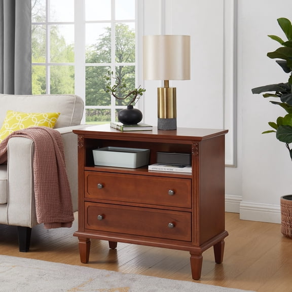 Nightstand with Charging Station, Farmhouse End Table with 2 Drawers and Open Shelf, USB Ports & Outlets, Fluted Design Bedside Table with Solid Wood Legs, Walnut