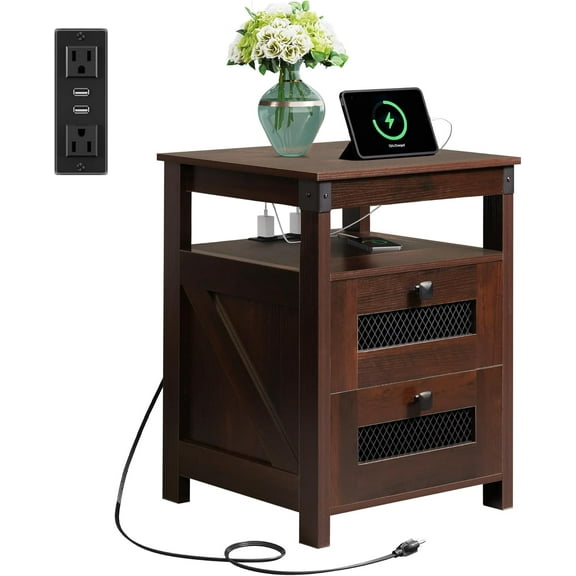 Nightstand with Charging Station, Farmhouse End Table, Bed Side Table with 2 Mesh Drawers Storage & Open Shelf, Rustic Wooden Cabinet Night Stand for Bedroom, Living Room, Espresso