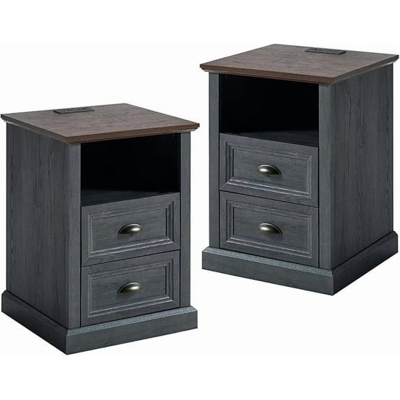 VanAcc Nightstand with Charging Station,Farmhouse End Table with Two Drawer,Side Tables with Outlets for Bedroom, Living Room, Closet, Two Deep Grey