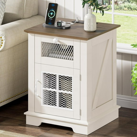 Nightstand with Charging Station, Farmhouse Night Stand with 1 Drawer and 1 Cabinet Magnetic Metal Mesh Barn Door, Rustic Wood Bedside for Bedroom, End Table, White