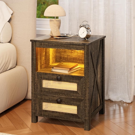 Nightstand with Charging Station, Farmhouse Night Stand with 2 Rattan Drawers for Bedroom, Smart Bedside Table with 3 Color LED Light and Human Sensor, Wood End Side Table, Rustic Brown