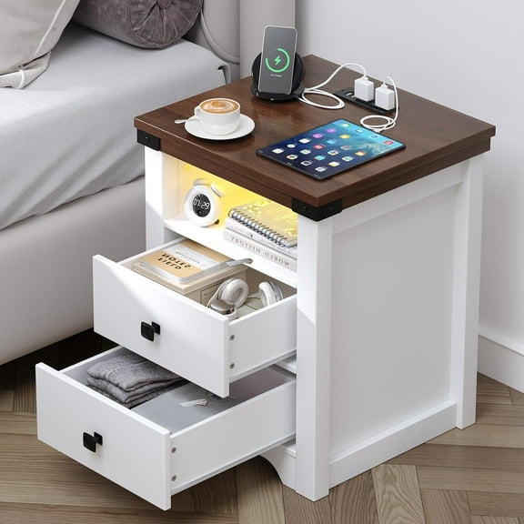 Nightstand with Charging Station, Farmhouse Nightstand with LED Lights, Modern Rustic Side Table with 2 Storage Drawers, Wooden End Table for Bedroom, Antique White