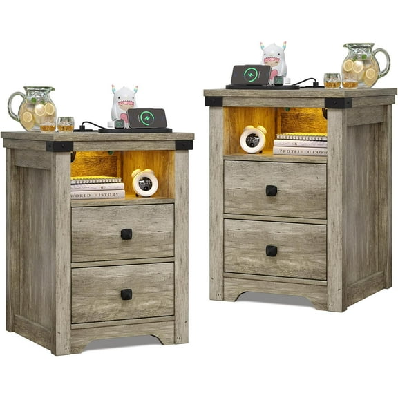 Nightstand with Charging Station, Farmhouse Nightstand with LED Lights, Modern Rustic Side Table with 2 Storage Drawers, Wooden End Table for Bedroom, Light Rustic Oak 2pcs