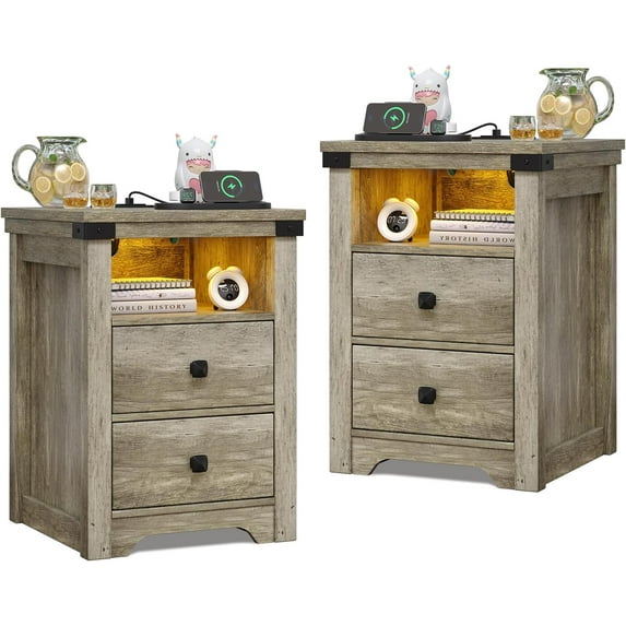 Nightstand with Charging Station, Farmhouse Nightstand with LED Lights, Modern Rustic Side Table with 2 Storage Drawers, Wooden End Table for Bedroom, Light Rustic Oak 2pcs