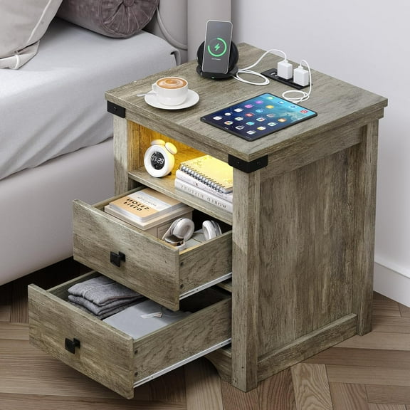Nightstand with Charging Station, Farmhouse Nightstand with LED Lights, Modern Rustic Side Table with 2 Storage Drawers, Wooden End Table for Bedroom, Light Rustic Oak