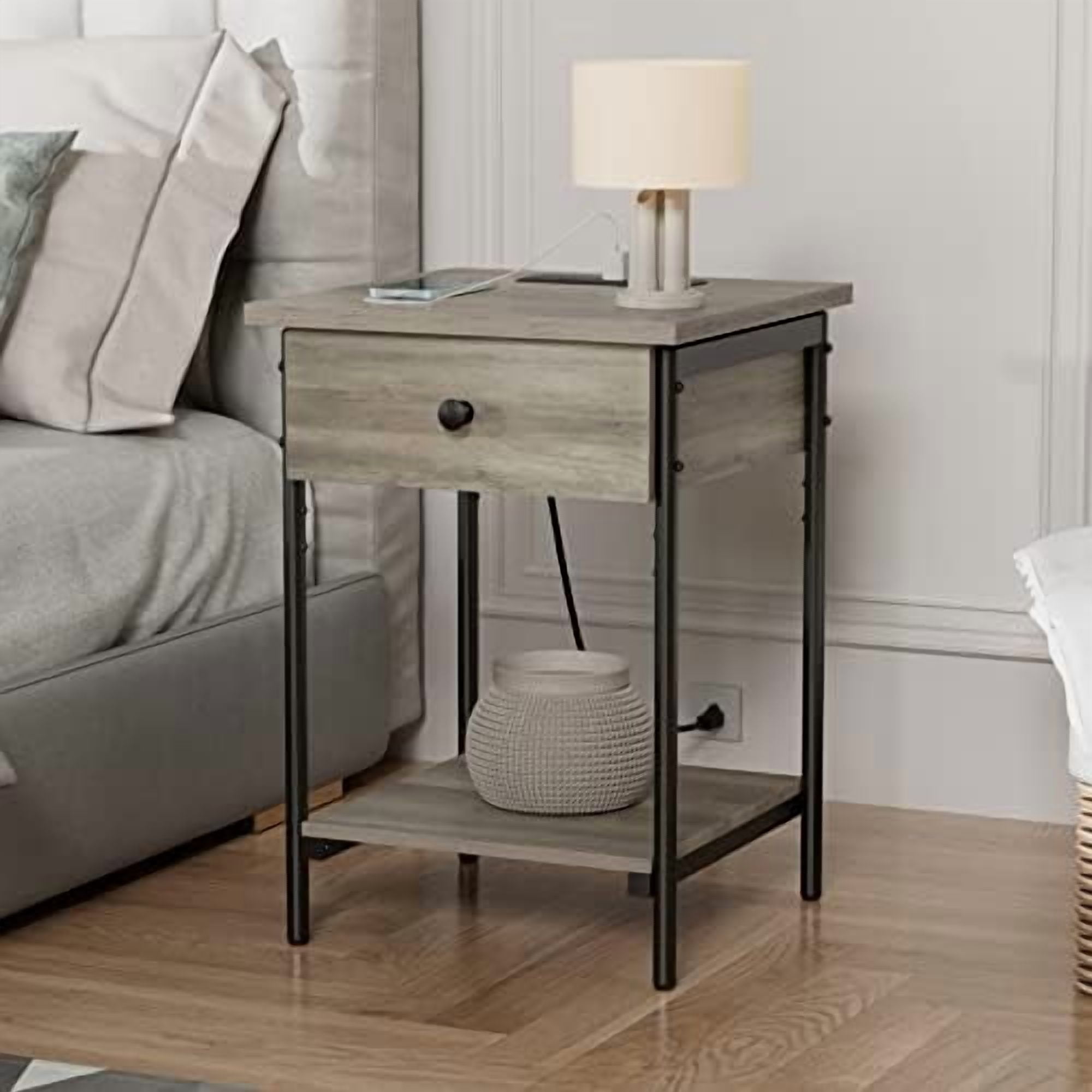 Nightstand with Charging Station, Flip Top End Table with USB Ports and Outlets Farmhouse Night ...