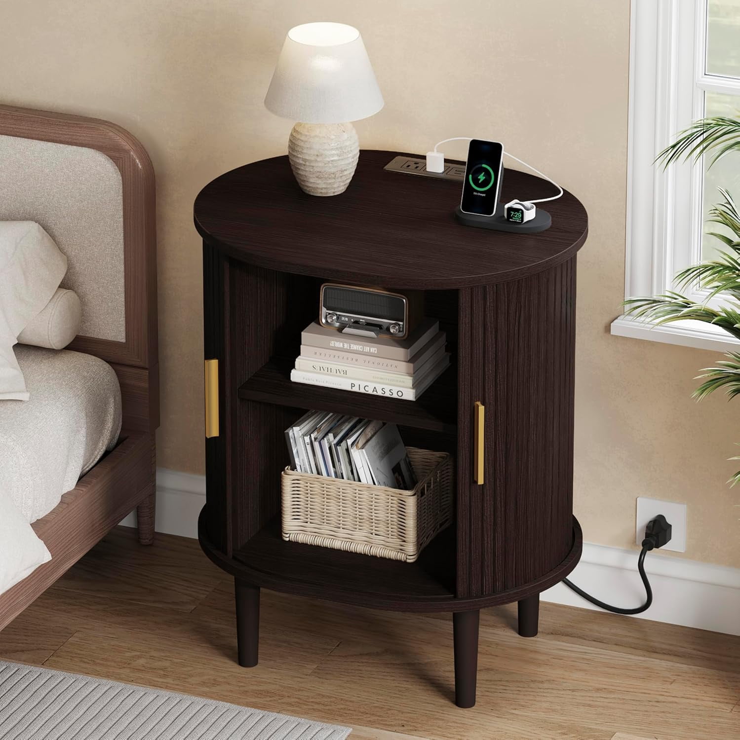 Nightstand with Charging Station, Fluted Accent Side Table with Sliding Door & Adjustable Shelf, End Table for Small Space, Living Room, Bedroom,Sofa Couch, Dark Walnut