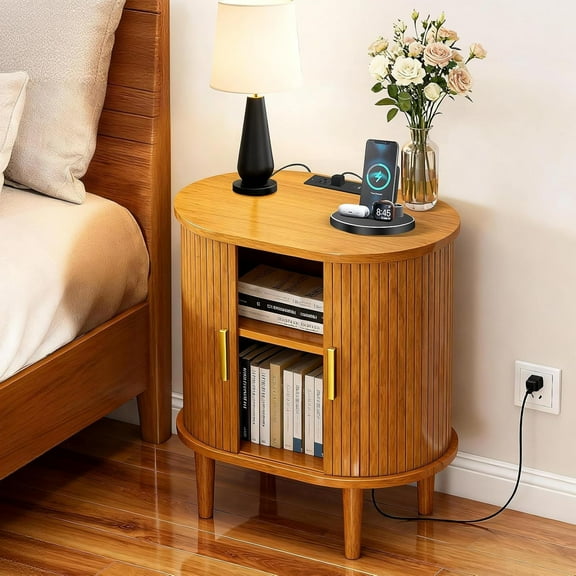 Nightstand with Charging Station, Fluted Accent Side Table with Sliding Door & Adjustable Shelf, Mid-Century Modern End Table for Small Space, Living Room, Bedroom (1, Yellow Walnut)