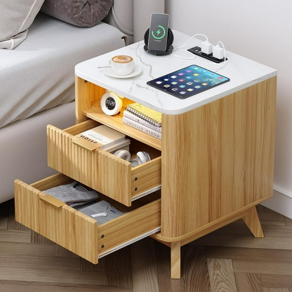 Nightstand with Charging Station, Fluted Nightstand with LED Lights, Modern Rustic Side Table with 2 Storage Drawers, Wooden End Table for Bedroom, Natural Oak