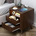 thumbnail image 1 of Nightstand with Charging Station, Fluted Nightstand with LED Lights, Modern Rustic Side Table with 2 Storage Drawers, Wooden End Table for Bedroom, Walnut, 1 of 7