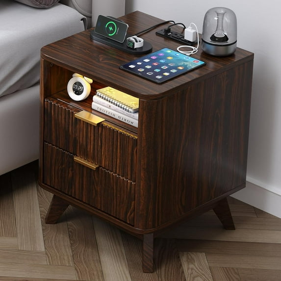Nightstand with Charging Station, Fluted Nightstand with LED Lights, Modern Rustic Side Table with 2 Storage Drawers, Wooden End Table for Bedroom, Walnut