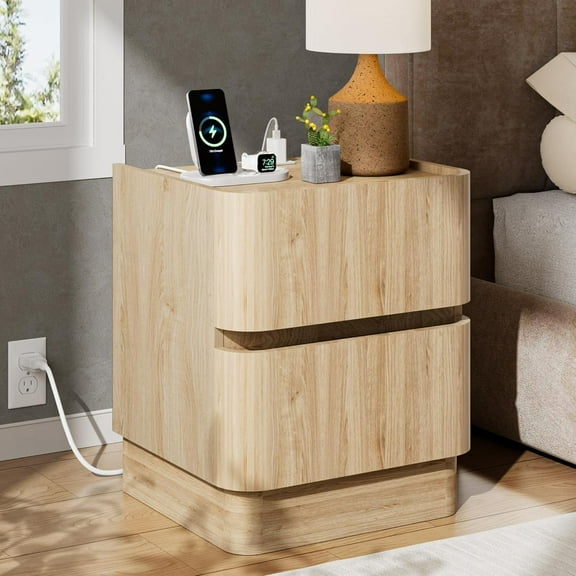 Nightstand with Charging Station, Handleless 2 Drawer Night Stand with Rounded Corners, Modern End Table Bedside Table for Bedroom Sofa Ofiice, Natural Oak
