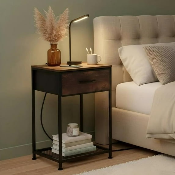 OYEAL Industrial Nightstand with Charging Station & Fabric Drawer, Side Table with Open Shelf for Small Spaces Bedroom, Living Room, Rustic Brown