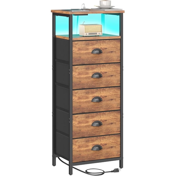 Nightstand with Charging Station,LED Black Nightstands with 5 Fabric Drawers PU Finish, Bedside End Tables, 2-Tier Open Storage Shelf Side Table Nightstand with Drawers for Bedroom