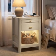 Nightstand with Charging Station and LED Light, Wood Curved Night Stand with 2 Drawers & Open Shelf, Modern Bedside Table with Side Storage, End Table for Bedroom, White