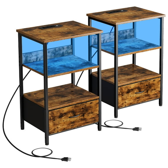 Nightstand with Charging Station and LED Lights, 3-Tier Side Table End Table with Drawers and Storage Shelves, Suitable for Living Room and Bedroom, Rustic Brown