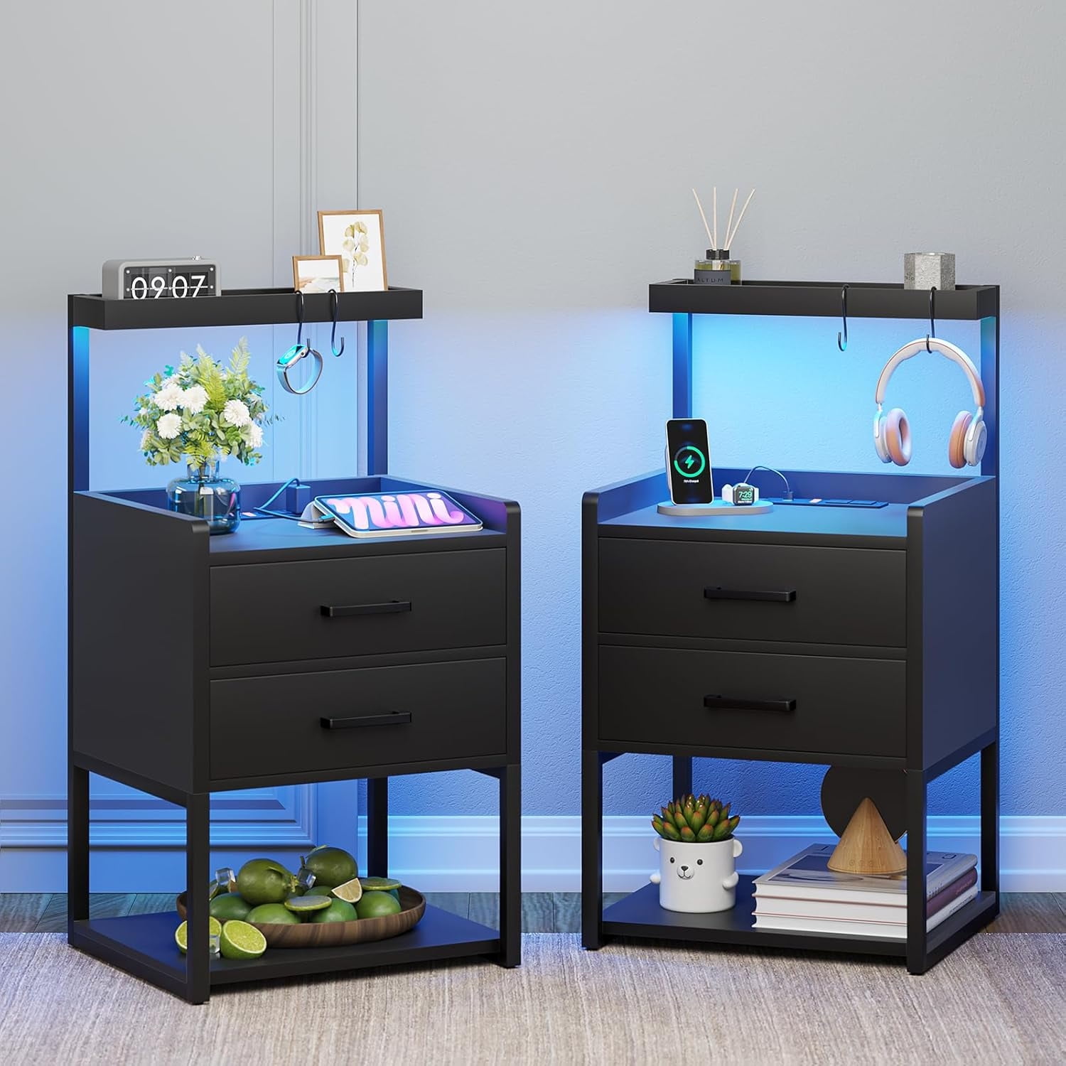 Black LED Nightstand with Charging Station and Storage Shelves