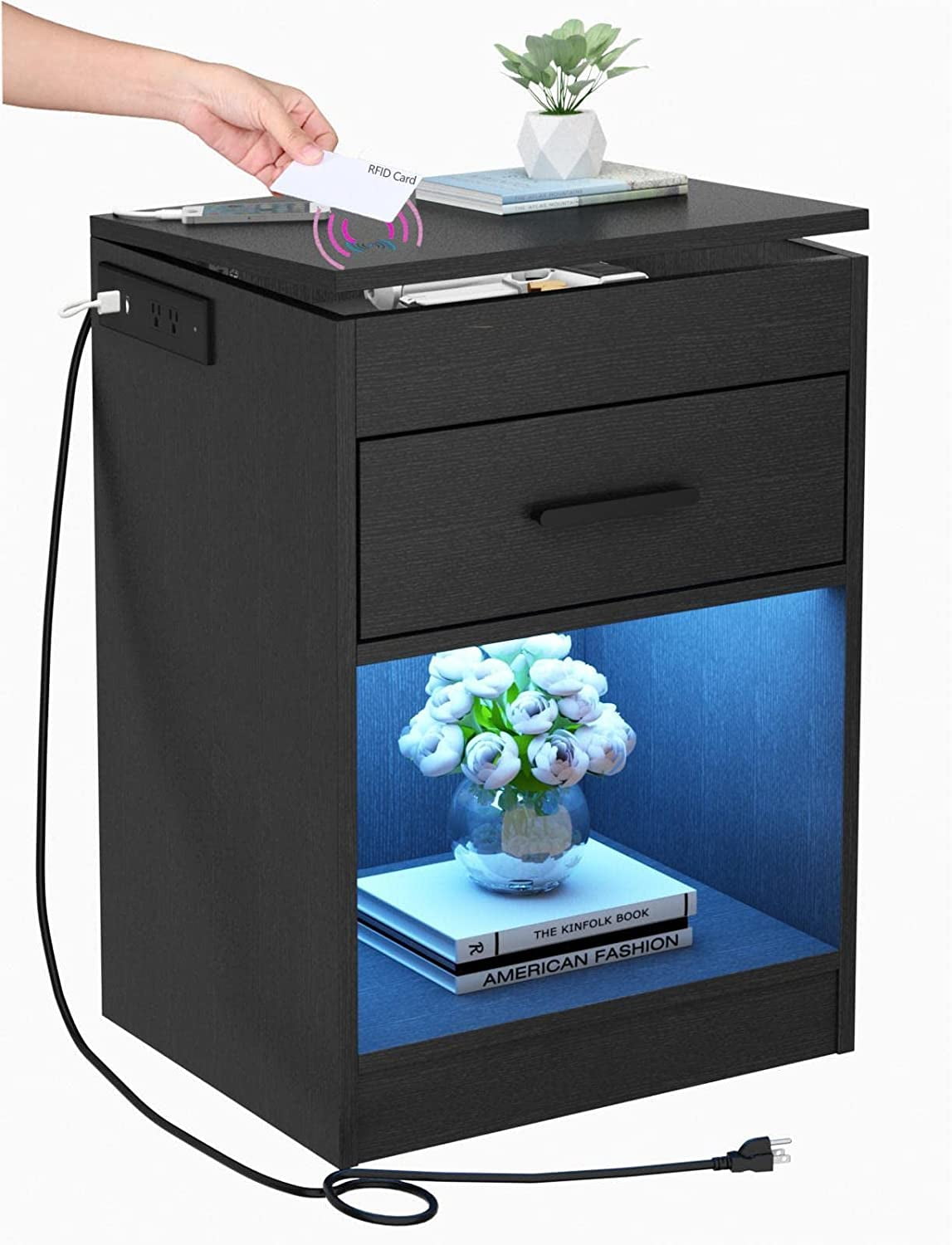 Nightstand with Charging Station and LED Lights Concealment Furniture