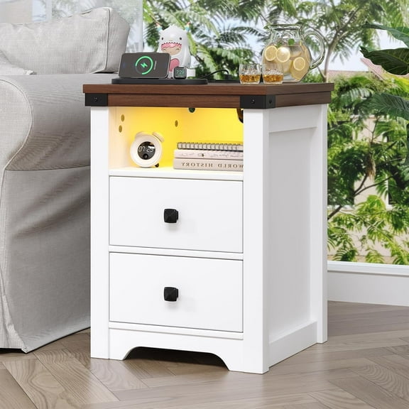 Nightstand with Charging Station and LED Lights, Farmhouse Bedside Table with 2 Storage Drawers, Modern Rustic Side Table, Wooden End Table for Bedroom, Living Room, Antique White