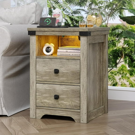 Nightstand with Charging Station and LED Lights, Farmhouse Bedside Table with 2 Storage Drawers, Modern Rustic Side Table, Wooden End Table for Bedroom, Living Room, Light Rustic Oak