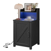 Nightstand with Charging Station & LED Lights, Holaki 18" End Table with Adjustable Storage Shelf and Barn Door, Sofa Side Table with Magnetic Door for Living Room, Bedroom, Black