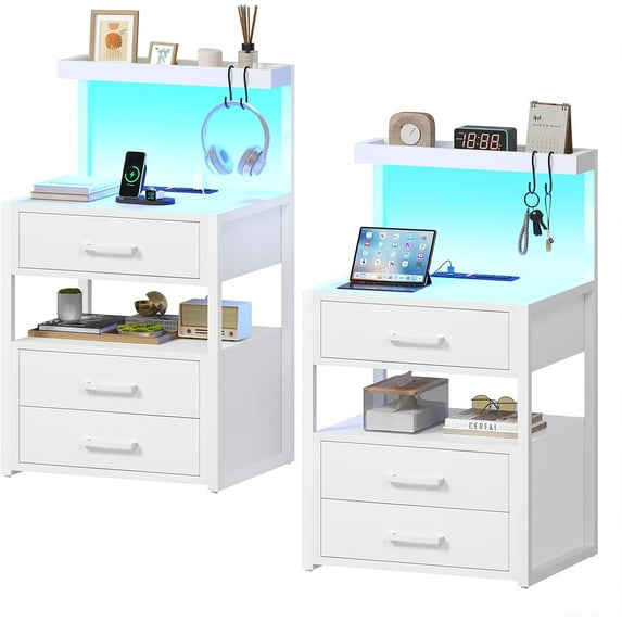 Nightstand with Charging Station and LED Lights, LED Night Stand with 2 USB Ports and 2 AC Outlets, Modern End Table with 3 Drawers, Bedside Table with Open Storage for Bedroom, Rustic Brown