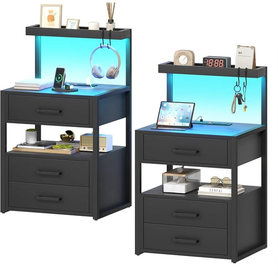 Nightstand with Charging Station and LED Lights, LED Night Stand with 2 USB Ports and 2 AC Outlets, Modern End Table with 3 Drawers, Bedside Table with Open Storage for Bedroom, Rustic Brown