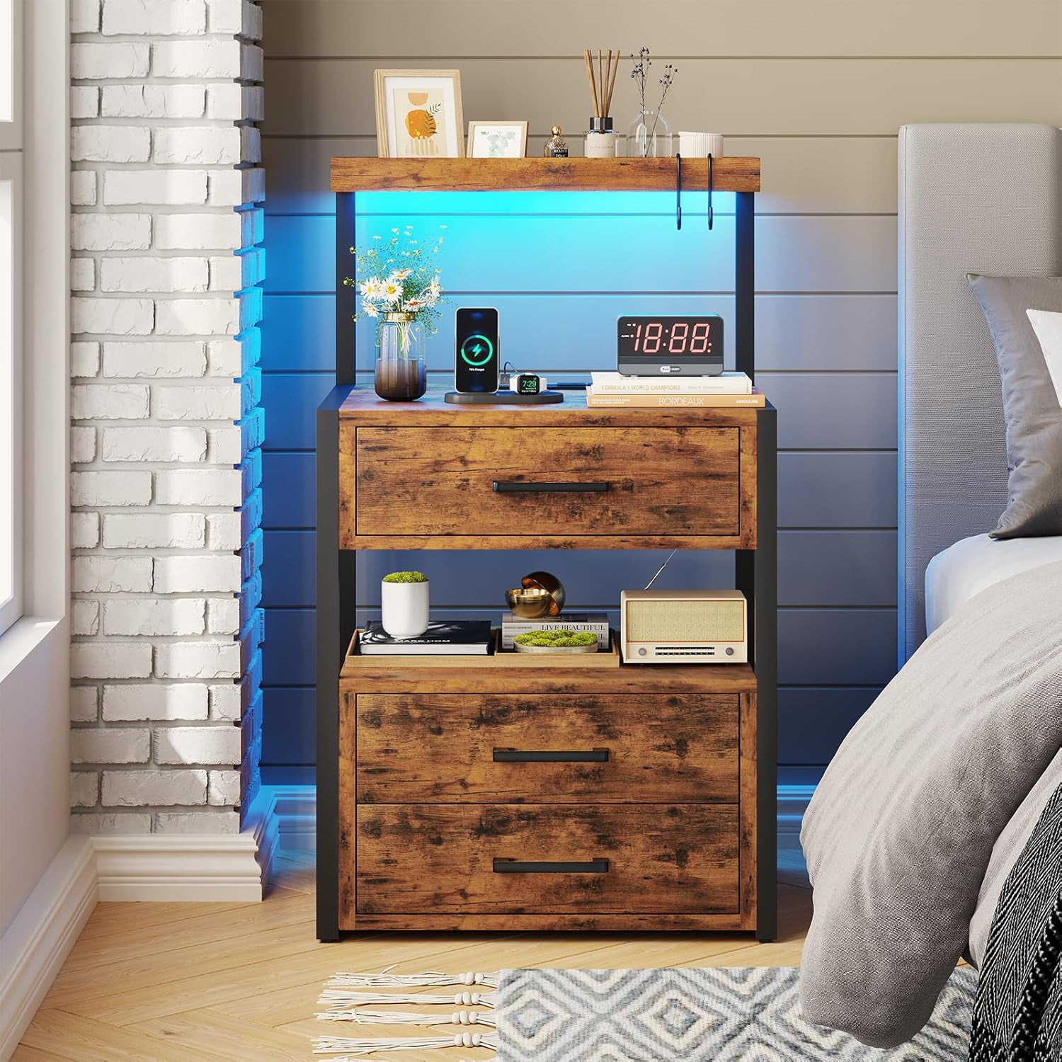 Nightstand with Charging Station and LED Lights, LED Night Stand with 2 ...