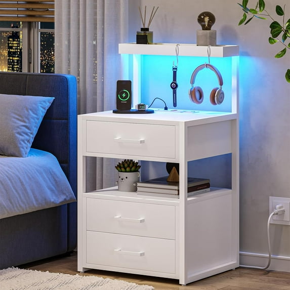 Nightstands for Bedroom with LED Charging Station & 3 Drawers 34.6''tall White