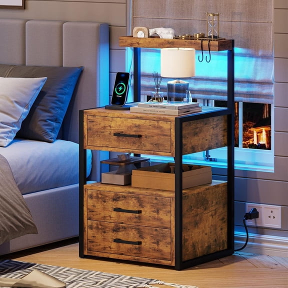 Led Nightstand with Charging Station, 3 Drawers Night Stands with Led Lights, Rustic Brown Bedside Tables with Storage Shelves, Modern End Side Tables for Bedroom, Office