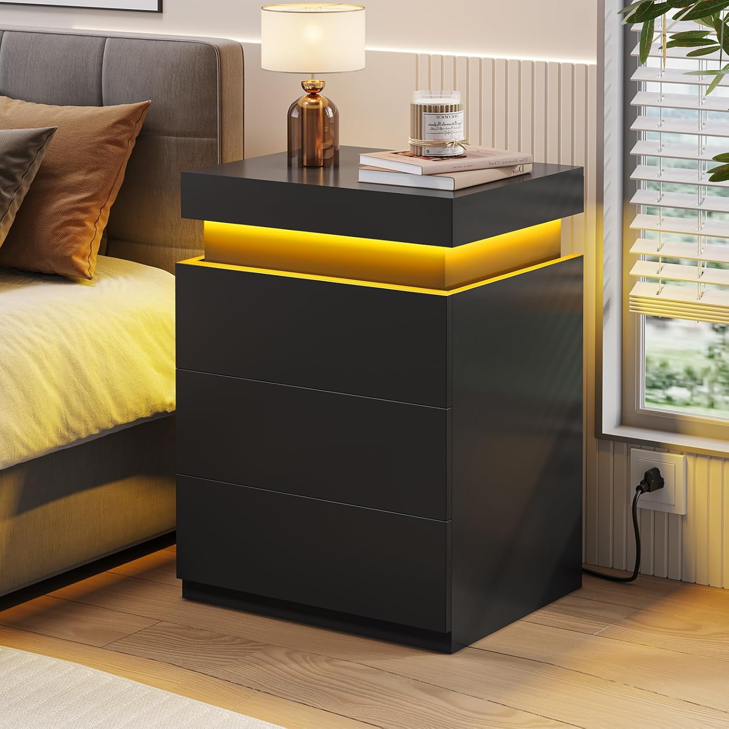 SUPERJARE Nightstand With Charging Station, Bed Side Table With Adju