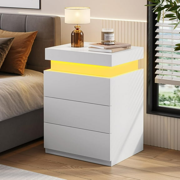 BTHFST Nightstand with Charging Station and LED Lights, Led Nightstand with Sliding Top,Night Stand with Drawers, Modern End Table Side Table with USB Ports and Outlets,White