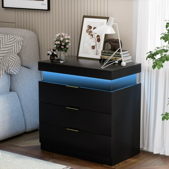 Nightstand with Charging Station and LED Lights, Night Stand with Sliding Top for Bedroom, Bedside Table with Drawers, Modern End Side Table, Black. 28.8''W x 17''D x 30.5''H.
