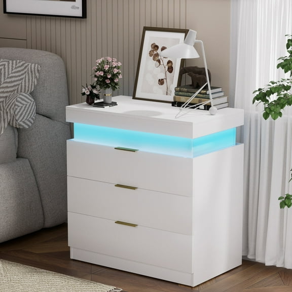 Nightstand with Charging Station and LED Lights, Night Stand with Sliding Top for Bedroom, Bedside Table with Drawers, Modern End Side Table, White. 28.8''W x 17''D x 30.5''H.