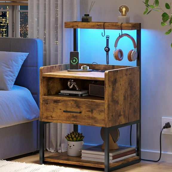 Nightstand with Charging Station and LED Lights, Rustic Brown Bedside Table with Drawer, Modern End Side Table with Open Storage Shelves for Bedroom, Office